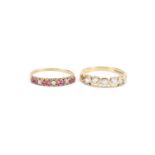Two 9ct gold half eternity rings set with pink and clear stones, sizes N and Q, approximate weight