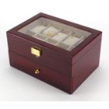 Rolex cherry wood dealers display box, with base drawer and dust bag, 16cm H x 29cm W x 20.5cm D :