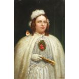 Top half portrait of a female wearing an overcoat, Snow Queen, antique oil on card, bearing a
