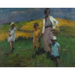 Mother with her children crossing fields, oil on canvas board, bearing an indistinct signature