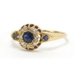 Unmarked 18ct gold sapphire and diamond ring, size V, approximate weight 2.5g : For Extra