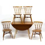 Ercol light elm drop leaf dining table and four candlestick dining chairs, each chair 80cm high :