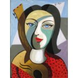 Abstract composition head and shoulders portrait of a female, gouache on card, bearing signature G L