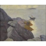 After Paul Henry - Coastal scene with a figure in a boat, oil on board, framed, 48.5cm x 38cm :