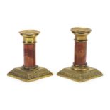 Pair of brass candlesticks with cylindrical marble columns, 12cm high : For Extra Condition