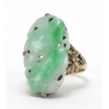 Chinese silver and green jade ring carved with fruit amongst leaves, size O, approximate weight 7.6g