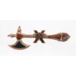Scottish unmarked gold battle axe brooch, set with hard stones, 5cm in length, approximate weight