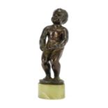 Art Deco style patinated bronze model of a nude young boy, raised on an oval green onyx base, 12cm
