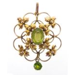 Art Nouveau 9ct gold peridot pendant, 4cm in length, approximate weight 3.9g : For Extra Condition