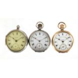 Two gentleman's silver open face pocket watches and a gold plated Fatroini & Sons gold plated pocket
