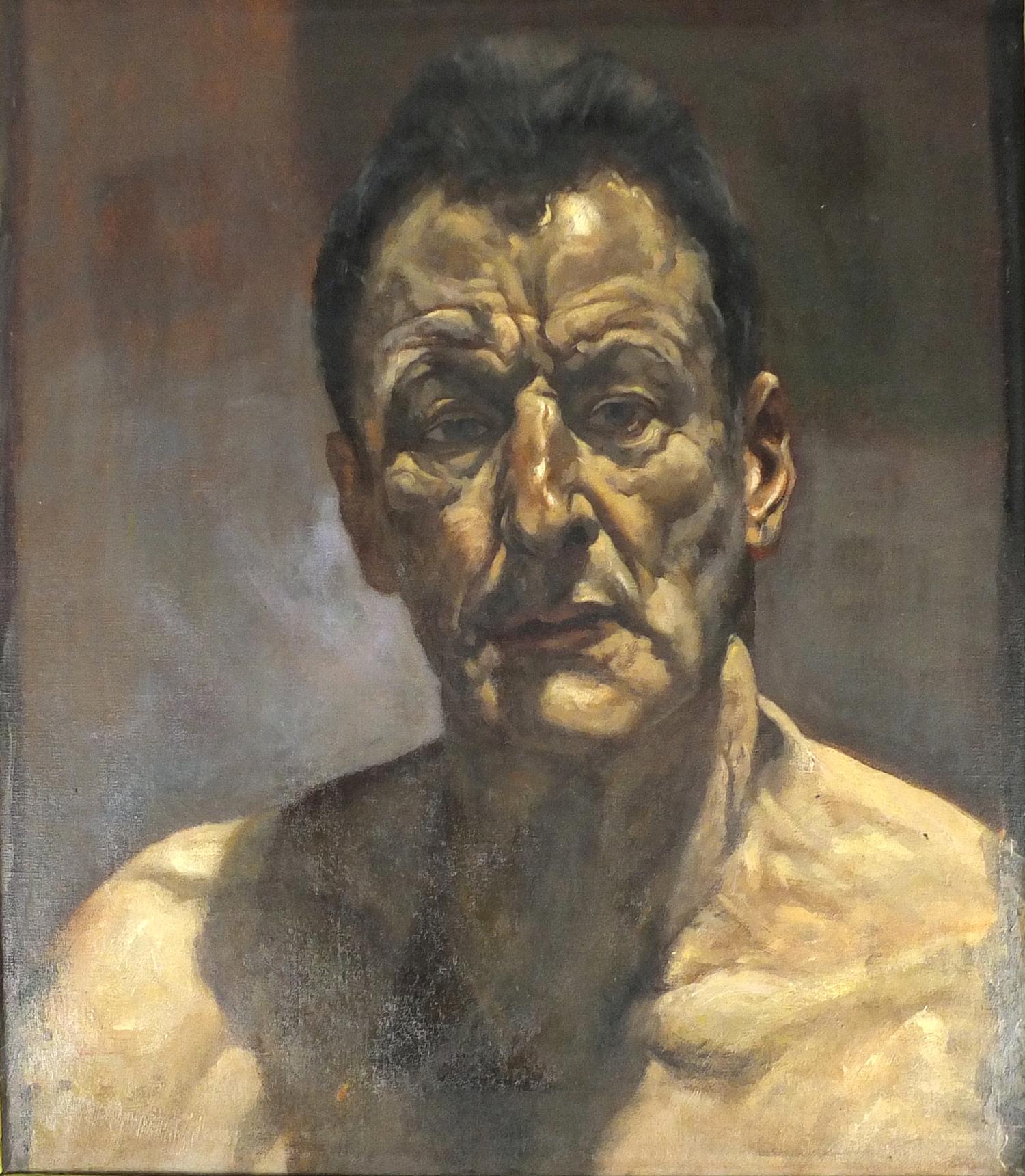 Head and shoulders portrait of Lucian Freud, French school oil on board, bearing an inscription