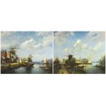 Landscapes with figures by water, with boats and windmills, pair of Dutch school oil on canvases,