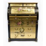 Black lacquer and gilt work cylinder bureau, decorated with birds amongst flowers, 107.5cm H x