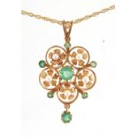 9ct gold emerald seed pearl pendant on a 9ct gold necklace, the pendant 3.7cm in length, approximate