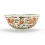 Chinese blue and white porcelain bowl, the exterior finely hand painted in iron red with two dragons