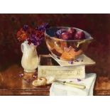 Pamela Kay - Copper dish of plums and quince jelly, watercolour, inscribed label and The Catto