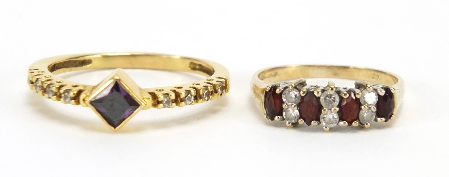 Two 9ct gold rings set with garnet and clear stones, sizes R and J, approximate weight 4.4g : For - Image 2 of 6