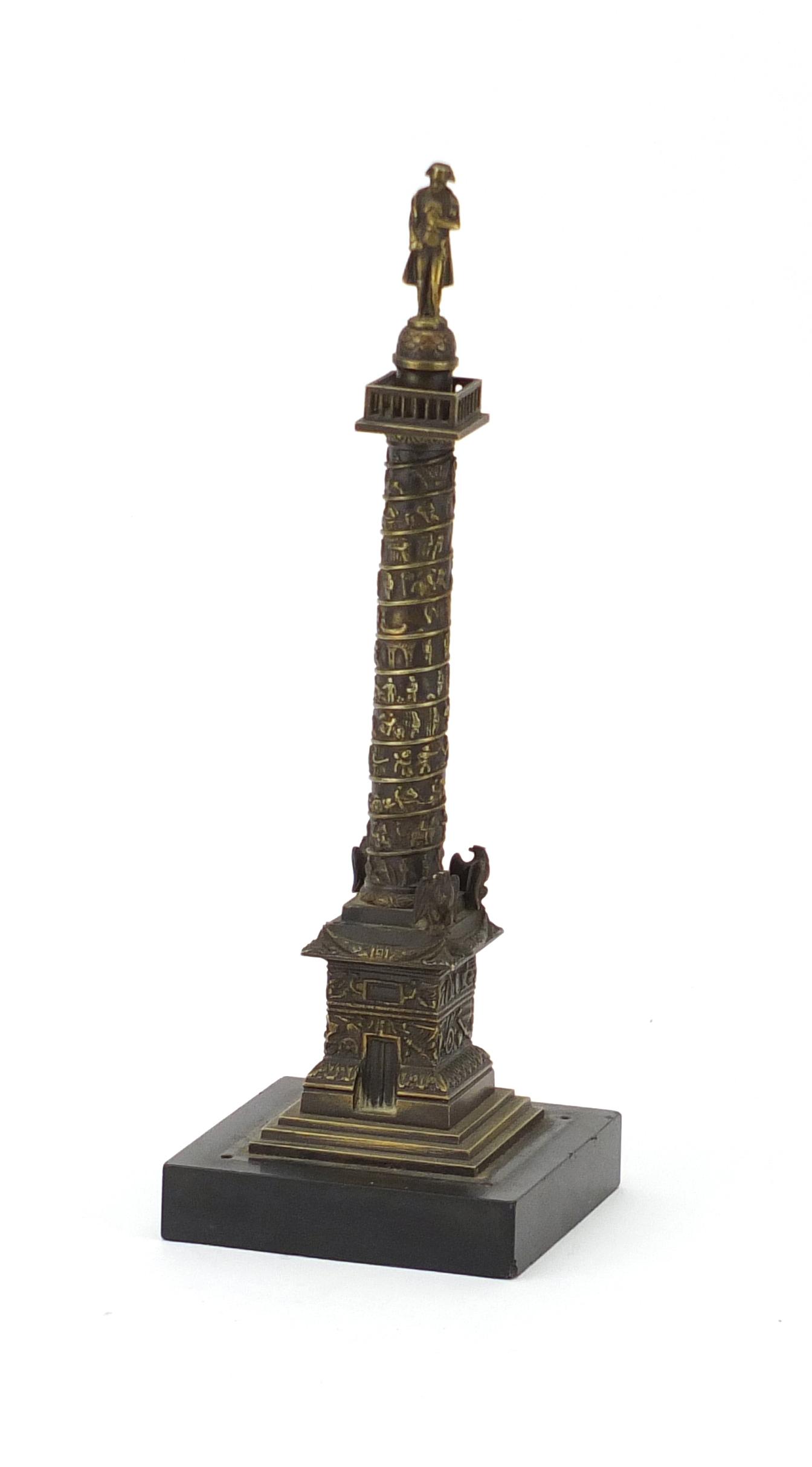 19th century Grand Tour patinated bronze model of Vendome column, raised on a square black slate