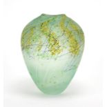Green art glass vase with yellow flecking, indistinctly signed around the foot rim, 18cm high :