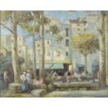 Figures in a market square, French impressionist oil on canvas board, bearing a signature Leonard