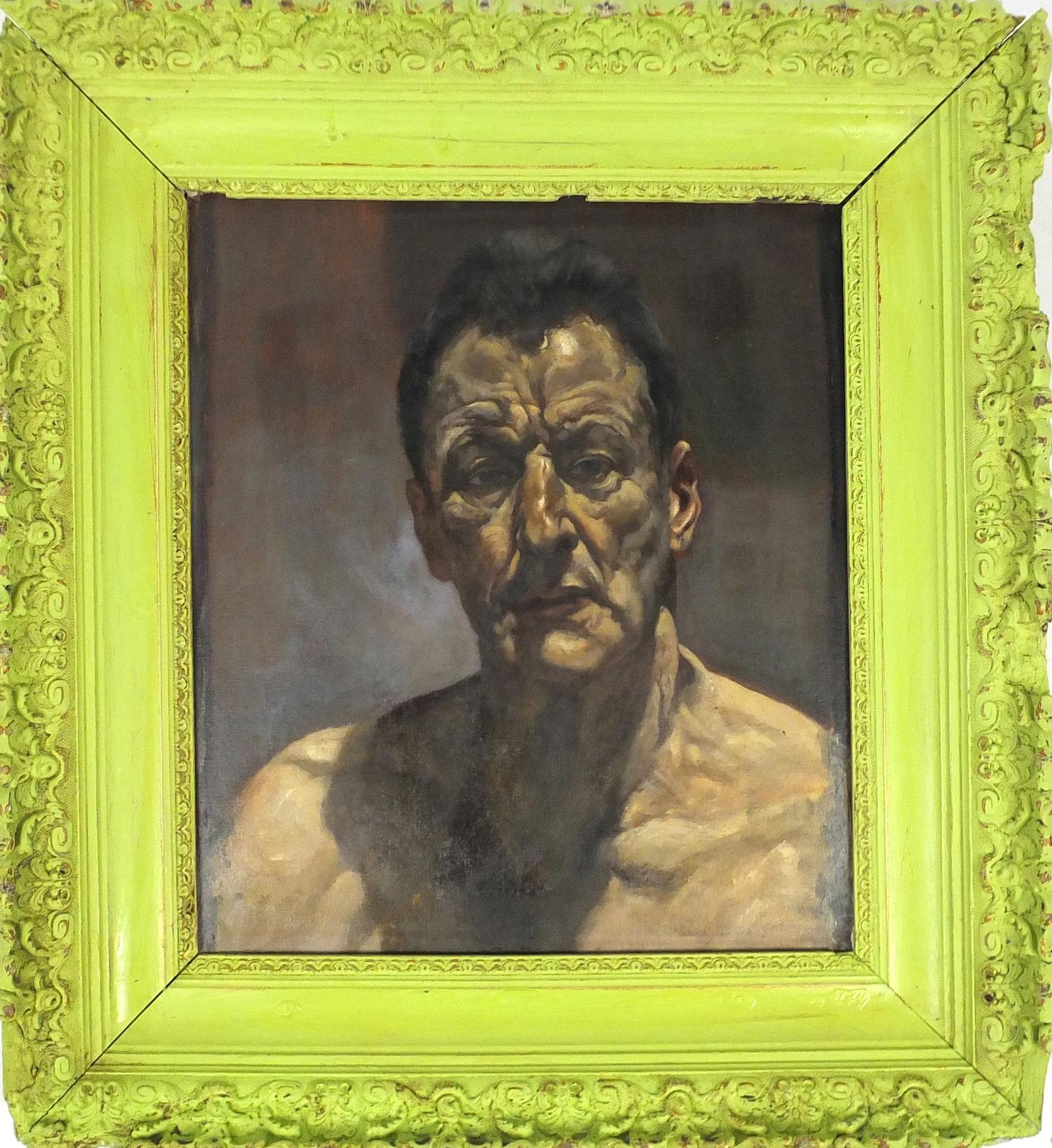 Head and shoulders portrait of Lucian Freud, French school oil on board, bearing an inscription - Image 2 of 4