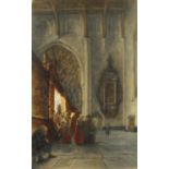 Jules Victor Genisson - Figures in a cathedral interior, pencil and watercolour, mounted and framed,