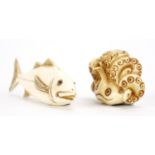 Two Japanese carved ivory netsuke's of a fish and octopus, both signed, the largest 5.5cm wide : For