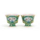 Pair of Chinese Doucai porcelain stem cups, each hand painted with panels of flowers onto a green