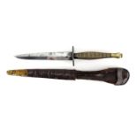 Fairbairn Sykes ring and beaded fighting knife with leather sheath, 31cm in length : For Extra