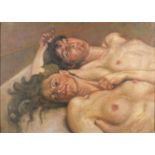 After Lucian Freud - Two nude figures, oil on board, bearing an inscription verso, framed, 69cm x