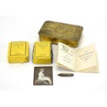 British Military World War I brass Mary tin with contents including sterling silver pencil,