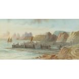 Edwin Earp - Coastal scene with boats, watercolour, mounted and framed, 52.5cm x 23.5cm : For