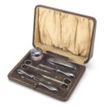 Silver and stainless steel seven piece vanity set, Birmingham hallmarked, housed in a velvet and
