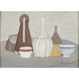 Still life kitchen pots and utensils, gouache on card, bearing a signature Morandi, mounted and
