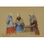 W B Northey - Market women, 19th century heightened watercolour, inscribed verso, mounted and