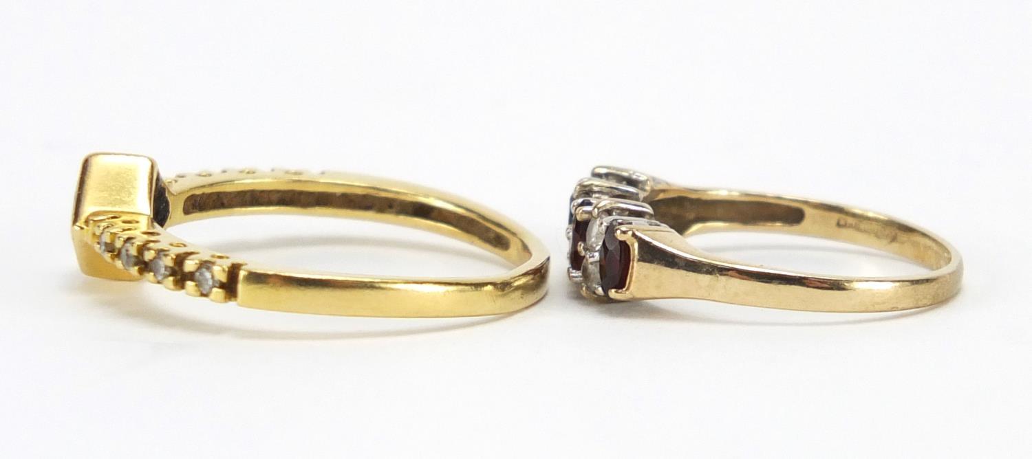 Two 9ct gold rings set with garnet and clear stones, sizes R and J, approximate weight 4.4g : For - Image 3 of 6