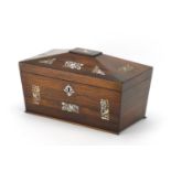 Victorian rosewood sarcophagus shape tea caddy with Mother of Pearl inlay and fitted interior, 18.