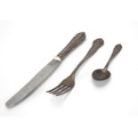 German 800 grade silver fork, knife and spoon with engraved monogram EB, reputably previously