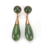 Pair of Chinese 14ct gold green jade drop earrings, 3.5cm in length, approximate weight 6.0g : For