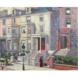 Lilac street scene, oil on canvas board, bearing a signature Bevon, framed, 63.5cm x 50.5cm : For