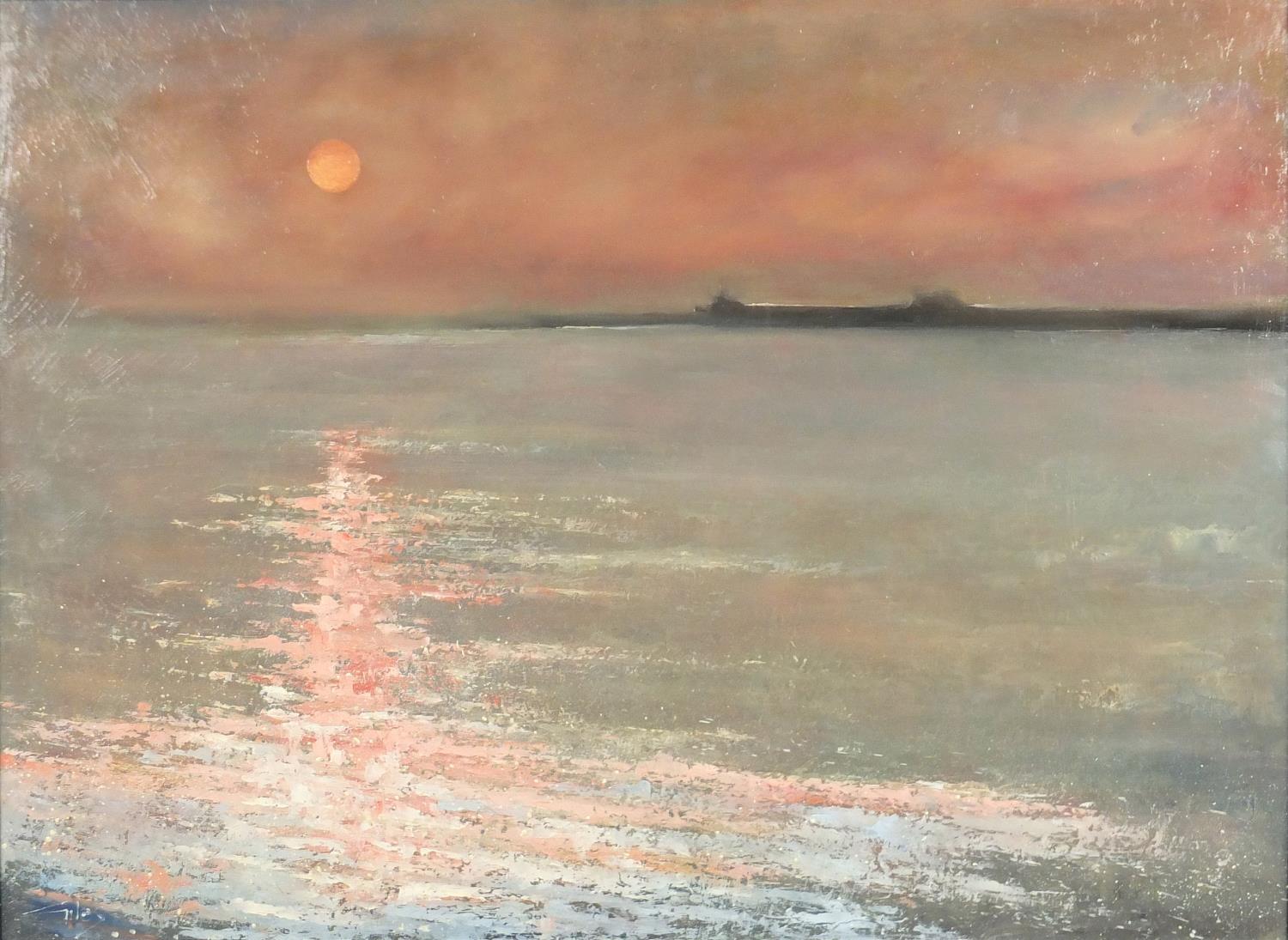 Anthony Giles - Sunset outside a harbour, oil on board, framed, 81.5cm x 59.5cm : For Extra