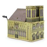 German tin plate wind up music box in the form of a cathedral, 17cm high : For Extra Condition