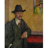 Portrait of a gentleman smoking a cigarette, oil on board, bearing a signature Wolmark and