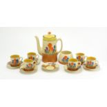 Clarice Cliff Bizarre coffee service hand painted in Crocus pattern, coffee pot 19cm high : For