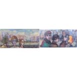 Figures in a street, pair of Irish school oil on boards, each bearing a signature Armstrong, framed,