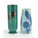 Two Swedish pottery vases by Gustavsberg, one with silver inlay decorated with a stylised fish, both