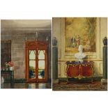 Robert Moore - White bust on Louis XVI Commode and one other, two oil on boards, each with Lucy B