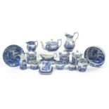 Spode Italian pattern including three storage jars, teapot, gravy boat on stand, jugs and bowls :