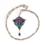 Arts & Crafts silver and enamel pendant with drop on chain, Birmingham 1908, the pendant 5cm high,