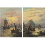 Mooring fishing boats at night, near pair of continental school oil on canvases, framed, the largest